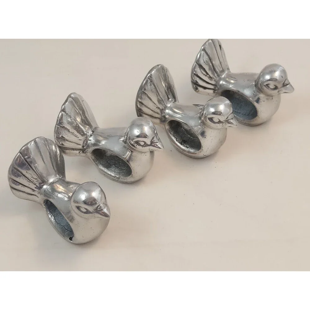 Pewter Birds Chickens Napkin Rings Set Of 4 2” Tall vintage
